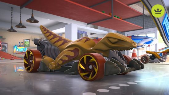 Hot Wheels Unleashed 2 review: A brown car in the shape of a dinosaur sat in a large garage space