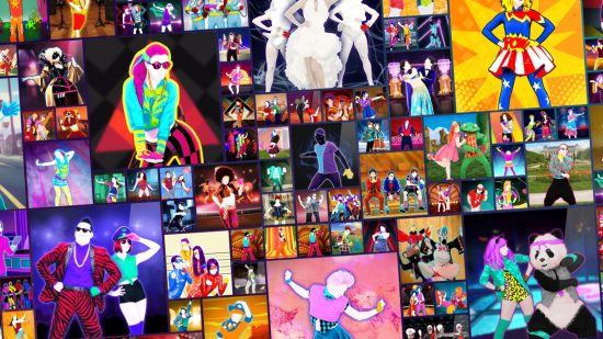 Just Dance 2024 song list: Promotional art for Just Dance Unlimited, with numerous boxes showcasing the song list of the subscription.