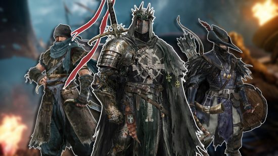Lords of the Fallen builds: From left to right, the Exiled Stalker, Dark Crusader, and Blackfeather Ranger classes standing against a blurred background of gameplay.