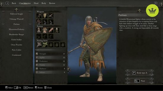Lords of the Fallen classes: The Partisan class in the character creation screen.