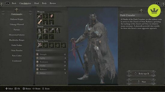 Lords of the Fallen classes: The Dark Crusader in the character creation screen.