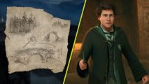 Hogwarts Legacy map with floating candles: A split image showing a torn up map on one side and a young wizard holding a wand on the other