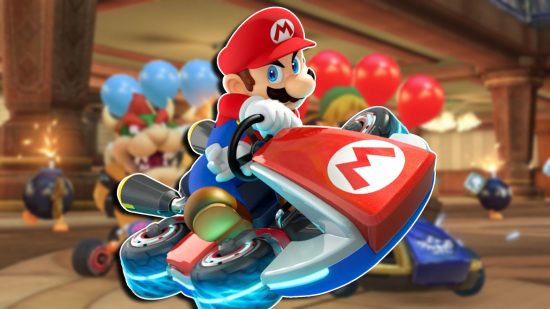 Mario Kart 8 best kart: Mario turning in his iconic kart, set against gameplay of Bowser and Link crashing into each other.