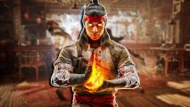 Mortal Kombat 1 characters: Liu Kang standing with his hands together holding fire, set against a blurred background of MK1 gameplay.