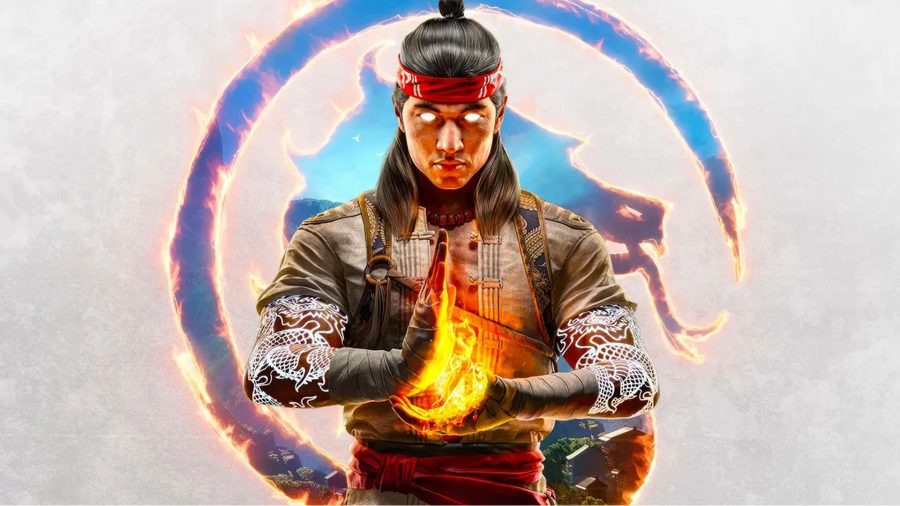 Mortal Kombat 1: Liu Kang with glowing white eyes summons a fire ball between his hands. The dragon logo of Mortal Kombat is in the background