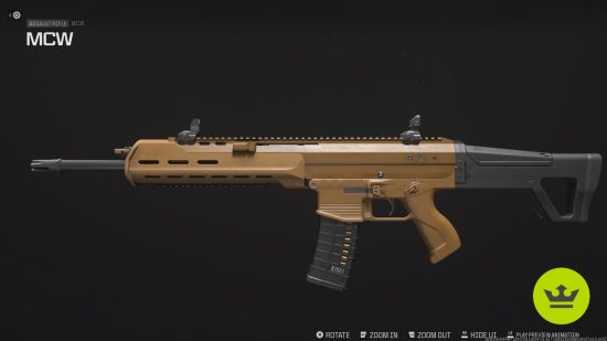 MW3 meta: The MCW assault rifle, also known as the ACR, against a black background.