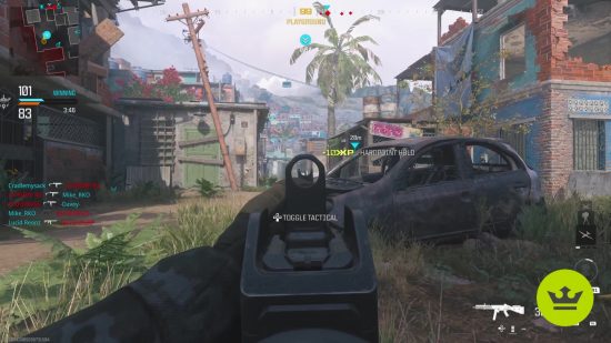 MW3 multiplayer: A player aiming down the sights of the weapon on the Favela map.