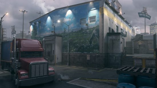 MW3 Season 1 release date: The new Meat map coming in Season 1, showing the outside of the facility at night with a large truck parked outside.