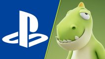 Party Animals PS5: A white PlayStation logo on a blue background next to a green, dopey-looking dinosaur from Party Animals