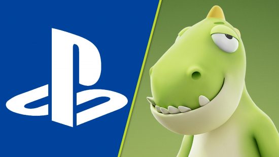 Party Animals PS5: A white PlayStation logo on a blue background next to a green, dopey-looking dinosaur from Party Animals