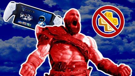 PS Plus cloud streaming PlayStation Portal: an image of Angry Kratos, the PS Portal and PS Plus symbol