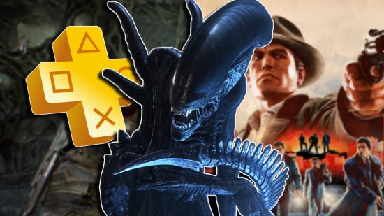 PS Plus free games: A Xenomorph from Aliens looking to the side, drooling, set against a blurred background of Aliens Fireteam Elite on the left side and characters from Mafia 2 on the right, A PS Plus icon is tucked behind the Xenomorph.