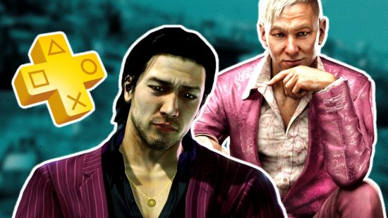 PS Plus games leaving October 2023: an image of Yakuza character, Far Cry 4 character, and PlayStation Plus logo
