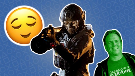 PS5 Call of Duty content parity Xbox: an image of Ghost, Phil Spencer, and a relieved emoji