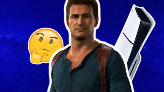 PS5 Pro leaks hardware: an image of Nathan Drake from Uncharted 4 with a PS5 Slim