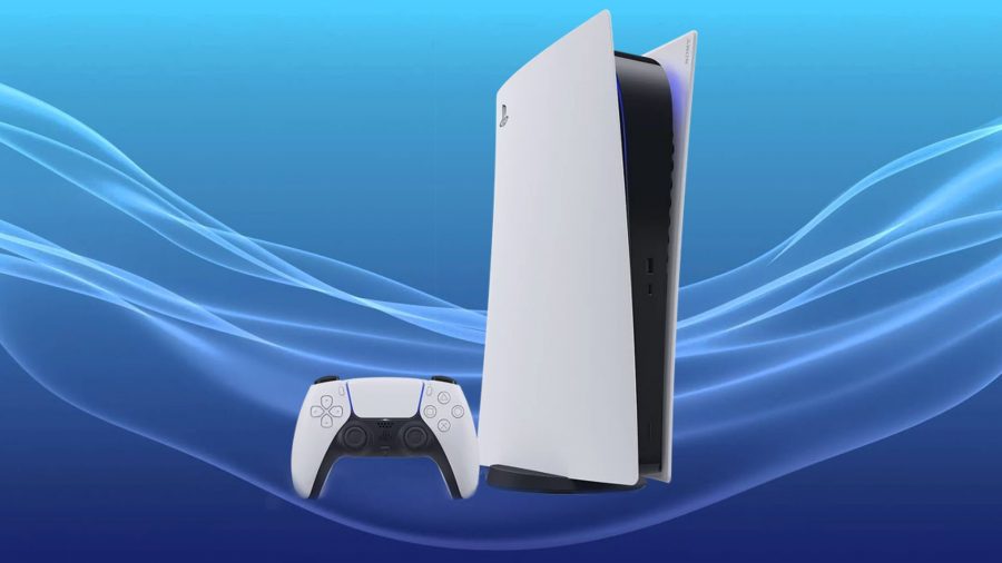 PS5: a white PS5 console and controller set against a blue PlayStation themed backdrop