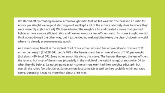 Remnant 2 Armor changes Dev Loop 002: a copy of the Reddit post discussing the weight ratio