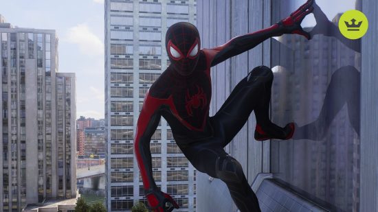 Spider-Man 2 PS5 characters: Miles Morales in Spider-Man 2 PS5 hanging off the side of a building