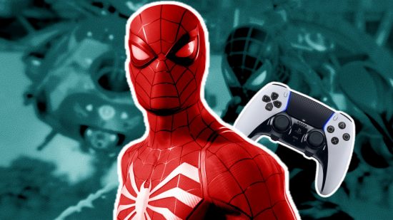 Spider-Man 2 download PS5: an image of Peter Parker and a DualSense