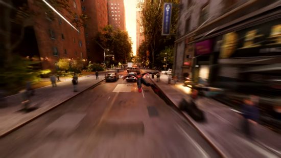 Spider-Man 2 PS5 release date: Miles' Spider-Man flying above a road at high speed.