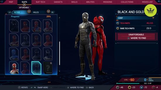 Spider-Man 2 PS5 suits: Black and Gold Suit in Spider-Man 2 PS5