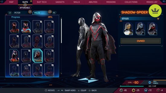 Spider-Man 2 PS5 suits: Shadow-Spider Suit in Spider-Man 2 PS5