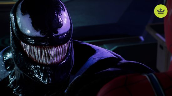 Spider-Man 2 PS5 villains: Venom holding Spider-Man by the head in Spider-Man 2 PS5 game