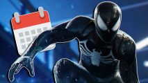 Spider-Man 2 release date PS5: Symbiote Spider-Man crouched with his arm out, with a calendar icon tucked behind it.