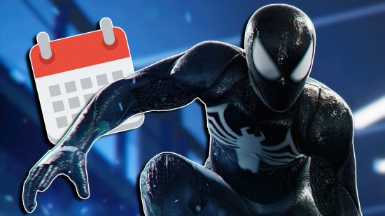 Spider-Man 2 release date PS5: Symbiote Spider-Man crouched with his arm out, with a calendar icon tucked behind it.