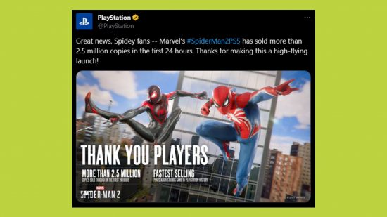 Spider-Man 2 sales PS5 day one tweet: an image of the social media post showing the numbers