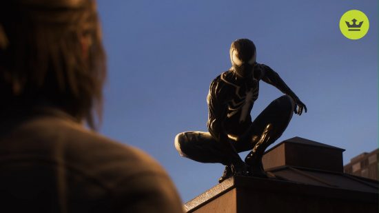 Spider-Man 2 PS5 characters: Peter Parker in Black Suit standing on the corner of a rooftop