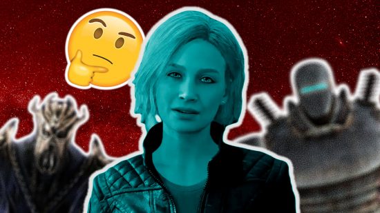 Starfield bosses: an image of Sarah Morgan and a thinking emoji alongside Liberty Prime and Mithraak