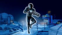 Starfield jetpack CoD: someone in a futuristic black spacesuit floats in the air while aiming a large rifle with a red laser