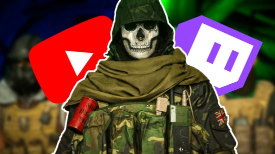 Streaming guide Twitch YouTube Xbox PS5: a soldier in a skull mask with the Twitch and YouTube logos behind them
