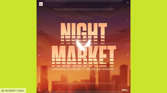 Valorant Night Market: Episode 7 Act 2 market graphic showing a cityscape in the background