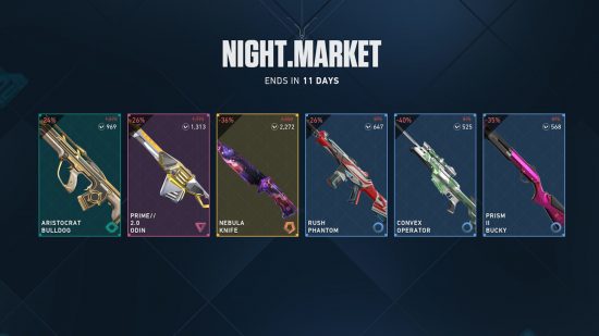 Valorant Night Market: a selection of Valorant weapons in the Night Market UI