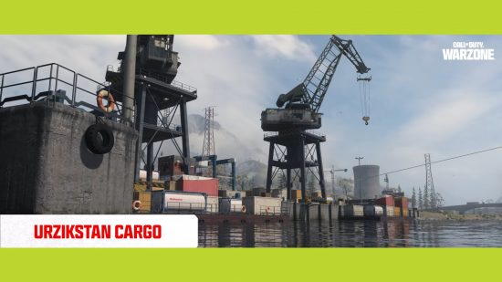 Warzone Urzikstan new map: A low-angle shot of Urzikstan Cargo, showcasing two shipping cranes next to the water.