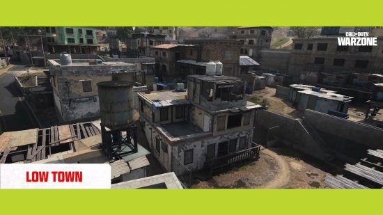 Warzone Urzikstan new map: A high-angle view of Low Town at day.
