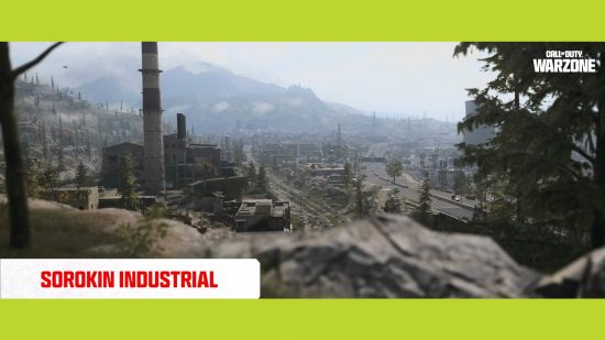 Warzone Urzikstan new map: A view of Sorokin Industrial from a cliffside overlook.