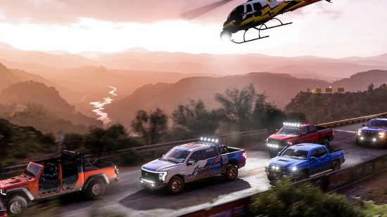 Xbox exclusives: Cars driving on a mountainous road in Forza Horzion 5