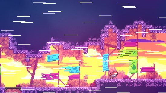 Xbox Game Pass Core games: Madeline from Celeste in the bottom right corner, walking through a cave with flags and a setting sun in the background, all rendered in a pixel art style.