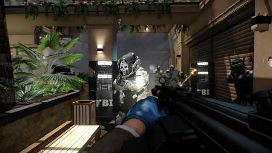 Xbox Game Pass Core games: A player holding a gun at the ready, aiming at heavily armed police inside a bank in Payday 2.