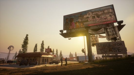Xbox Game Pass Core games: Two characters in the distance looking at a large billboard sign next to the road, will a sunset behind it in State of Decay 2.