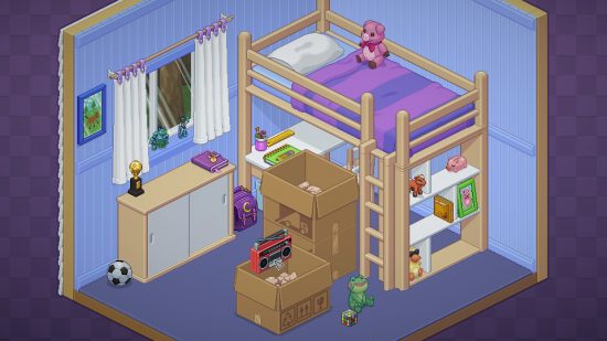 Xbox Game Pass Core games: A screenshot of Unpacking, showing a pile of cardboard boxes in a bedroom, rendered in a pixel art style.