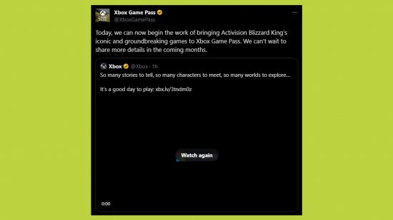 Xbox Game Pass statement: an image of a tweet shared by Xbox on the Activision Blizzard acquisition