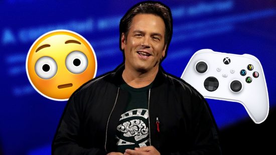 Xbox new policy third party accessories: an image of Phil Spencer, a controller and a shocked emoji