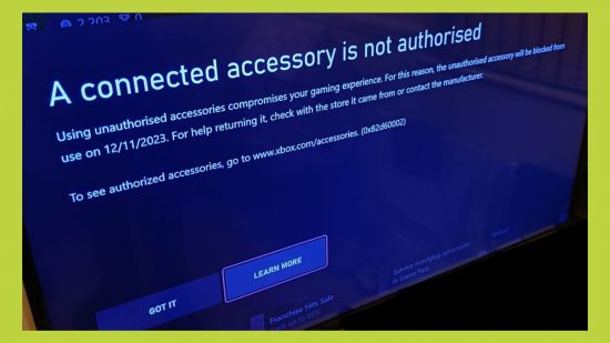 Xbox new policy third party accessories: an image of a warning message for using unauthorized controllers