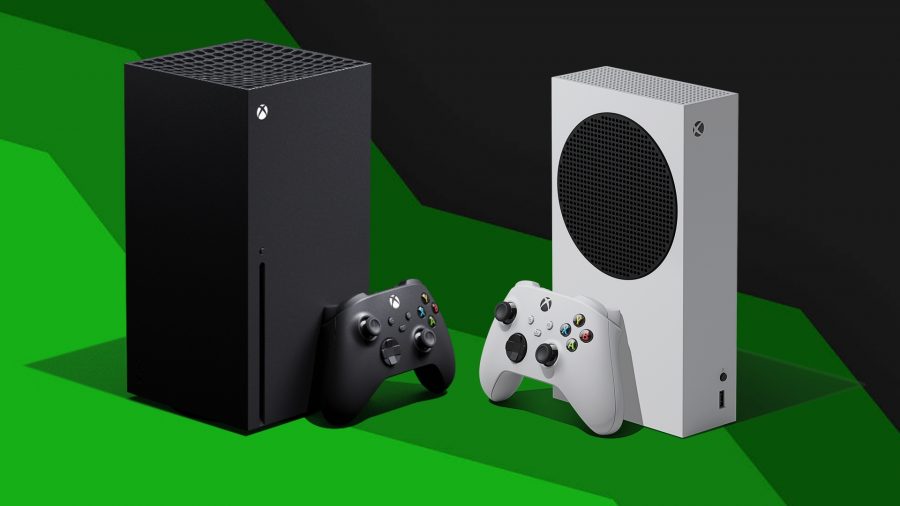 Xbox: A black Series X console and controller and a white Series S console and controller set against a green and black backdrop