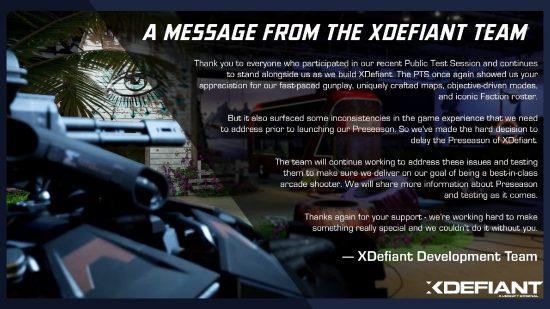 XDefiant release date: XDefiant post from Twitter with the indefinite delay following the PTS