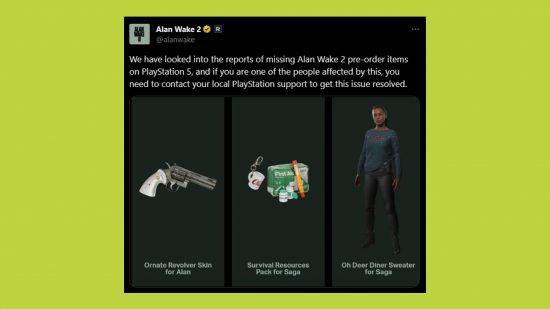 Alan Wake 2 missing pre-order bonus items: an image of the tweet explained above